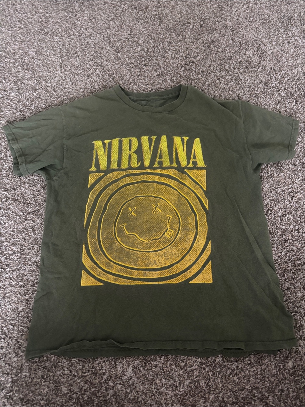 NIRVANA Olive Green Tee with Yellow Smiley Logo